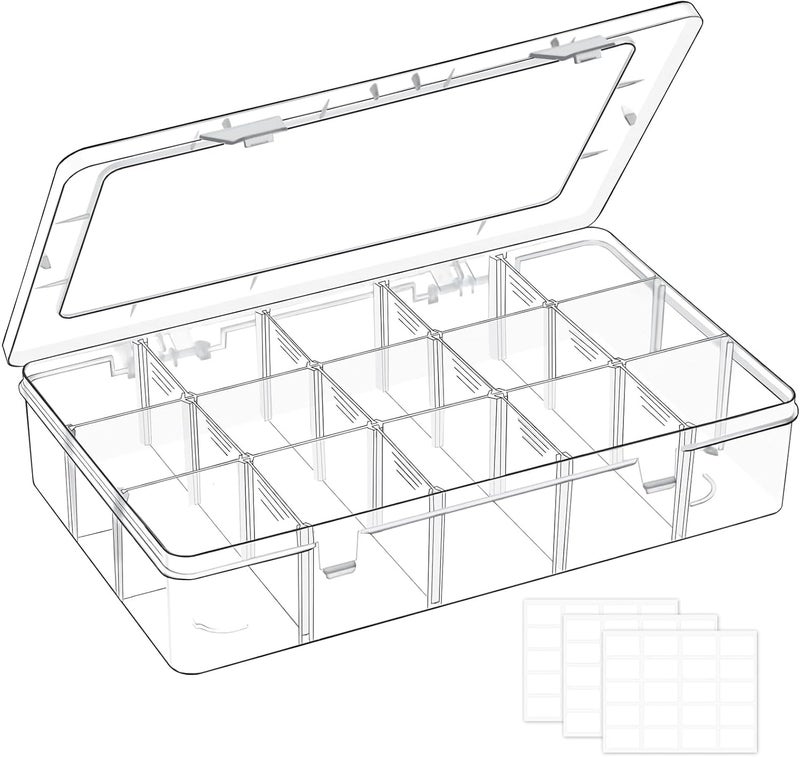 Mauproy 15 Grids Large Plastic Organizer Box with Adjustable Dividers, Clear Craft Organizer and Storage Tackle Box Compartment Container with Label Stickers for Beads, Jewelries, Tools - Image 1