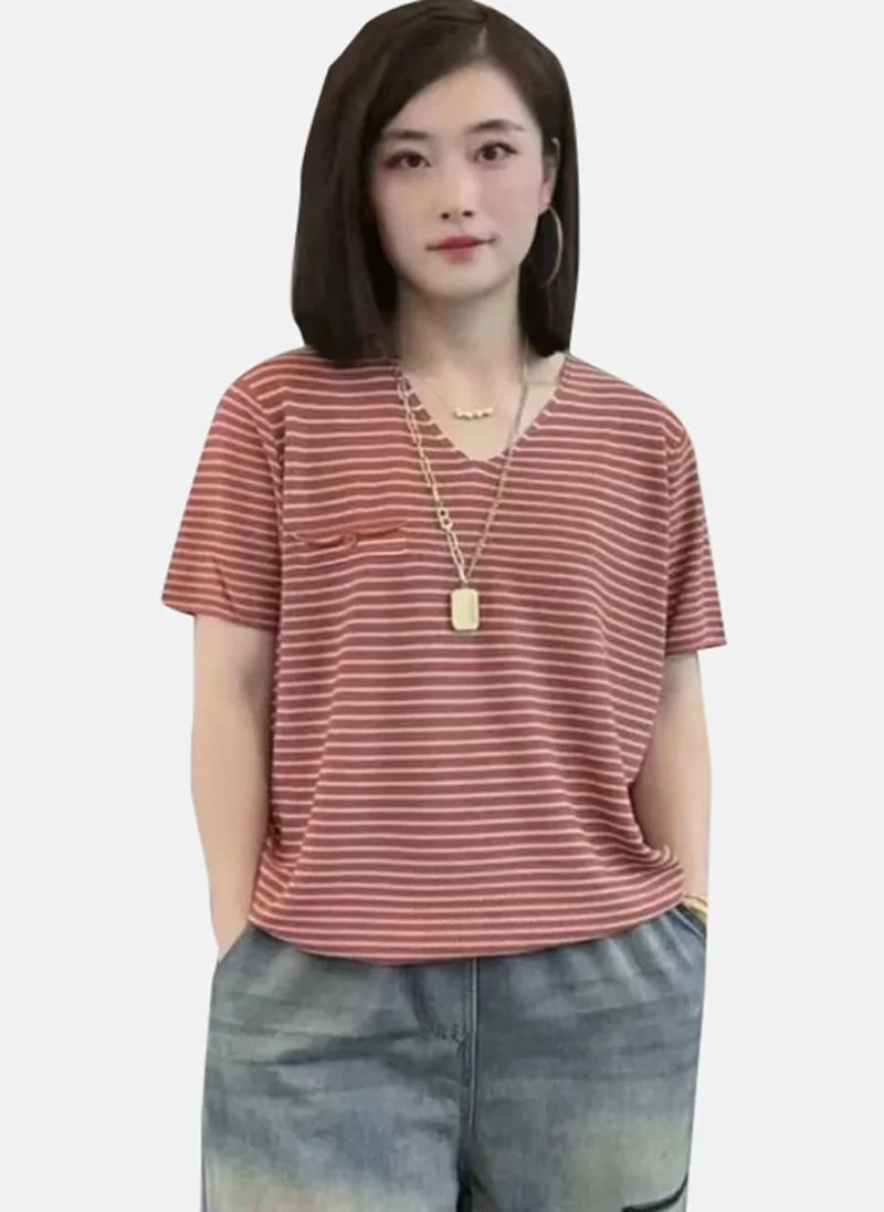 YUNIQEE Red Striped Short Sleeve V Neck T-Shirt
