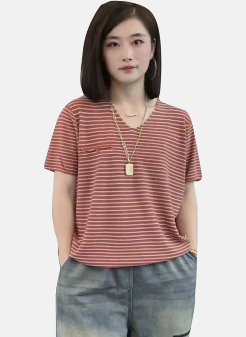 YUNIQEE Red Striped Short Sleeve V Neck T-Shirt