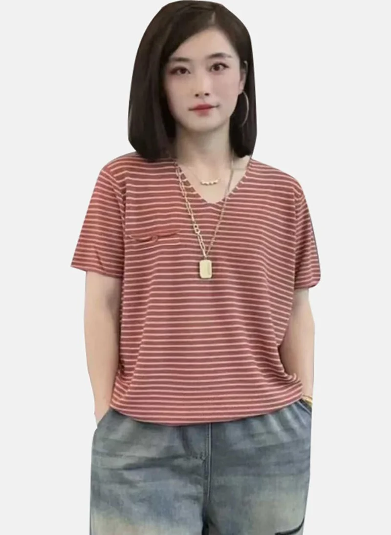 YUNIQEE Red Striped Short Sleeve V Neck T-Shirt