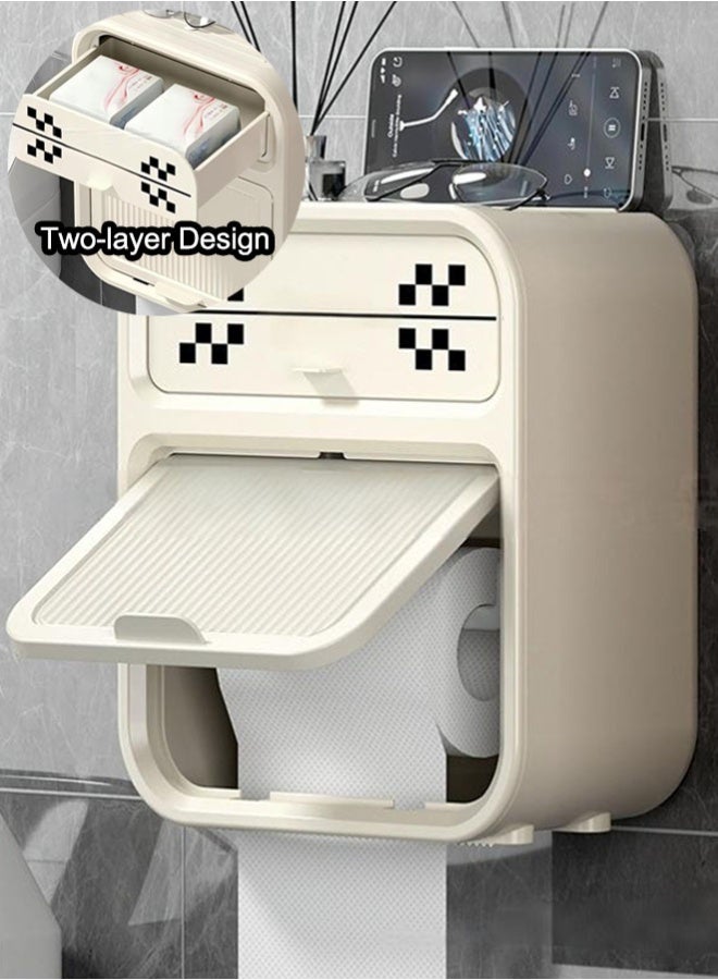 Toilet Paper Holder Tissue Box Shelf, Wall Mounted, Waterproof, No Hole Punching, Toilet Tissue Paper Roll Holder,with Built-in Shelf and Hidden Cabinet,Easy Installation - Image 1