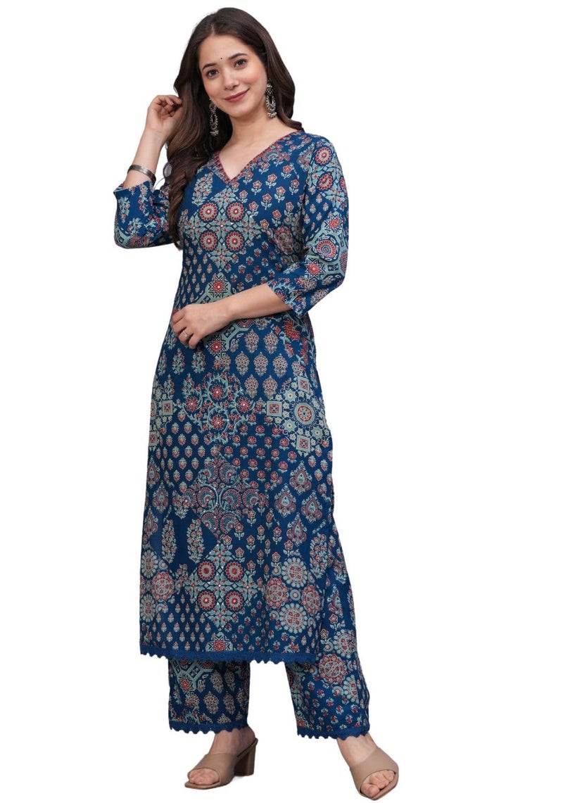 rytras Women's Pure Cotton Printed Straight Kurta Set with Palazzo Pants - Ethnic Wear, Blue(RYT618-New,XL) - Image 4