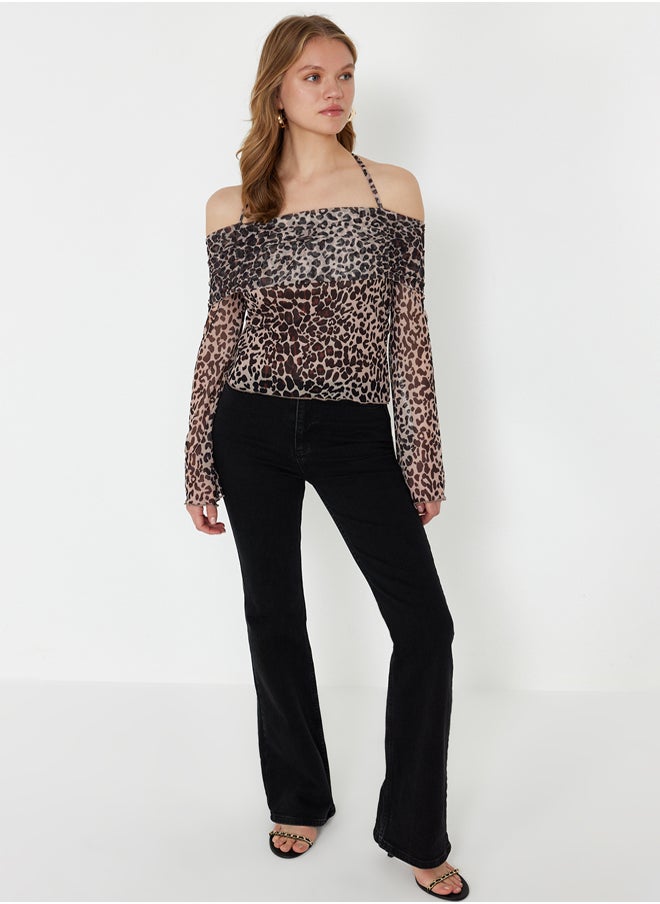 trendyol - Brown Animal Patterned Flare Sleeve Knitted Blouse with Tie Detail TWOSS24BZ00046 - Image 1