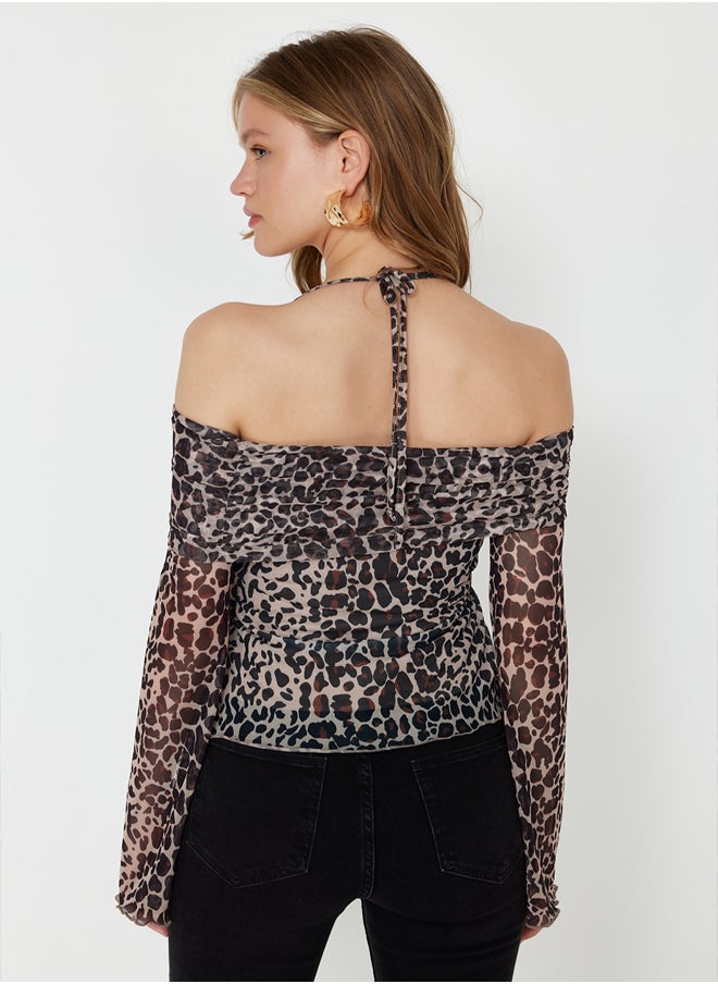 trendyol - Brown Animal Patterned Flare Sleeve Knitted Blouse with Tie Detail TWOSS24BZ00046 - Image 1