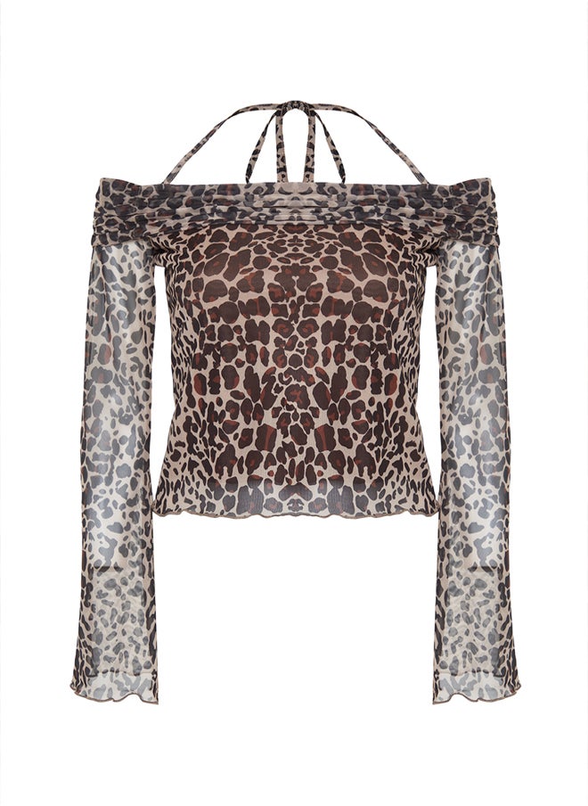 trendyol - Brown Animal Patterned Flare Sleeve Knitted Blouse with Tie Detail TWOSS24BZ00046 - Image 1