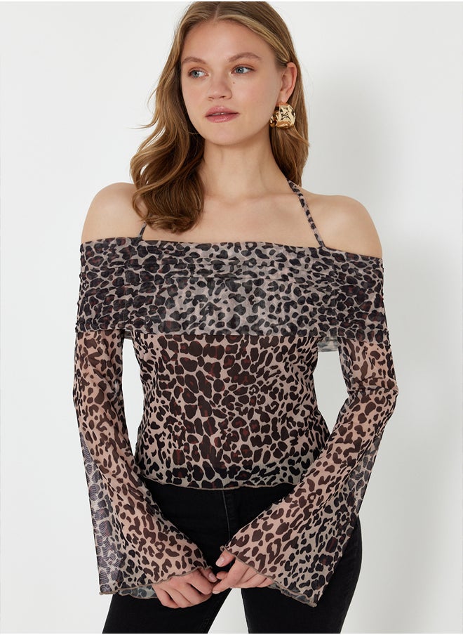 trendyol - Brown Animal Patterned Flare Sleeve Knitted Blouse with Tie Detail TWOSS24BZ00046 - Image 1