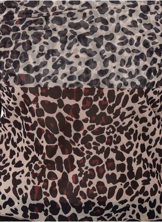 trendyol - Brown Animal Patterned Flare Sleeve Knitted Blouse with Tie Detail TWOSS24BZ00046 - Image 1