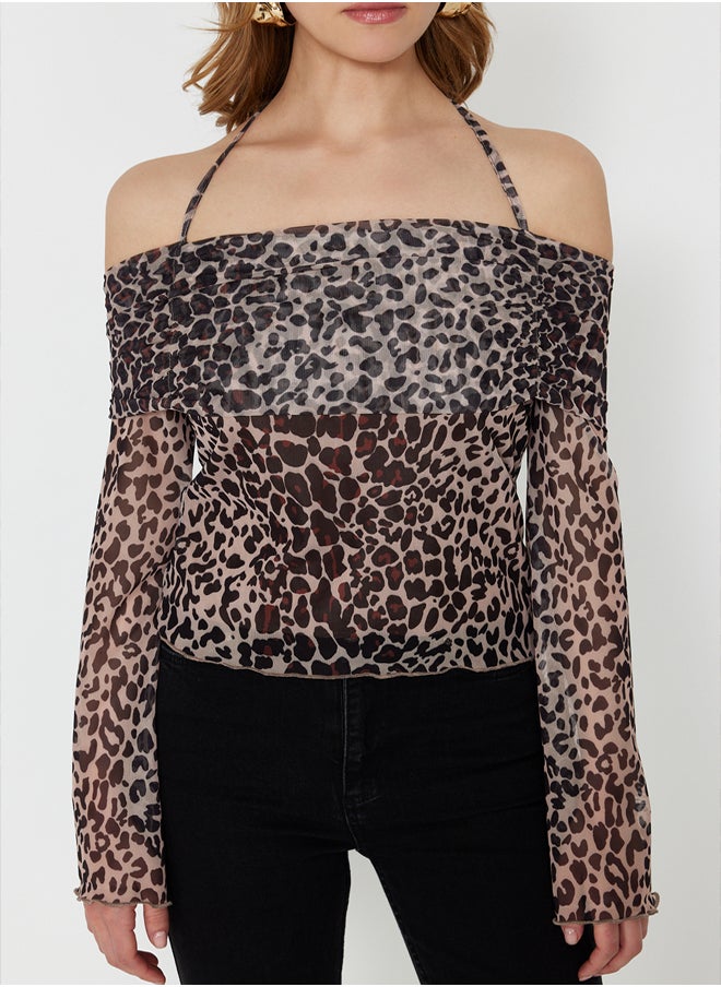 trendyol - Brown Animal Patterned Flare Sleeve Knitted Blouse with Tie Detail TWOSS24BZ00046 - Image 1