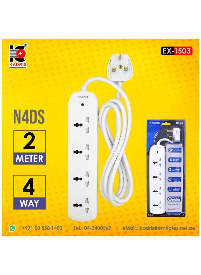 KADRIS - Power Strips N4DS Extension Cord with 4 way Outlets, Charging Socket with 2 meter Heat resistant  Extension Cord (White) ESMA approved - Image 1