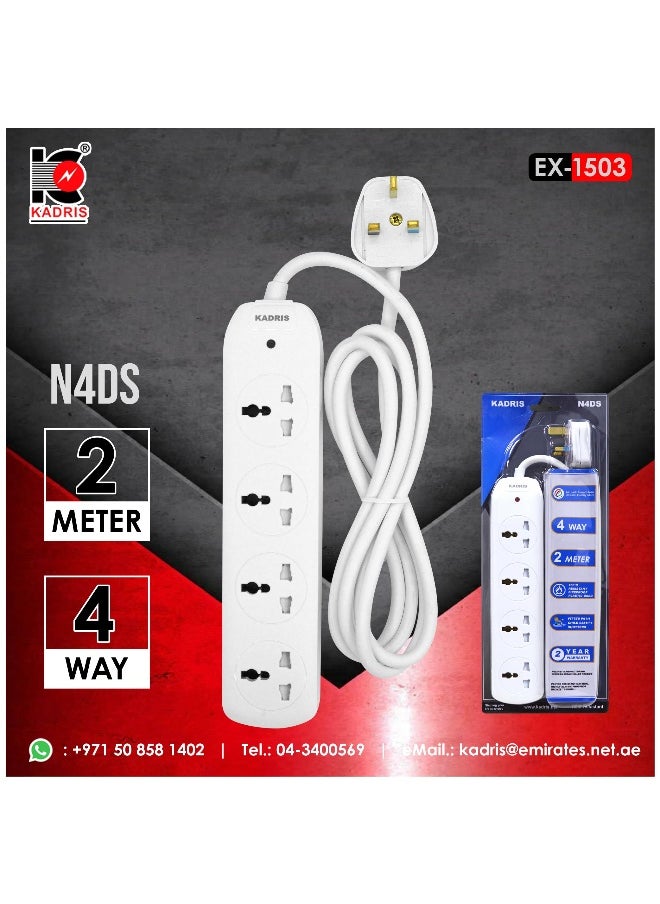 KADRIS - Power Strips N4DS Extension Cord with 4 way Outlets, Charging Socket with 2 meter Heat resistant  Extension Cord (White) ESMA approved - Image 1