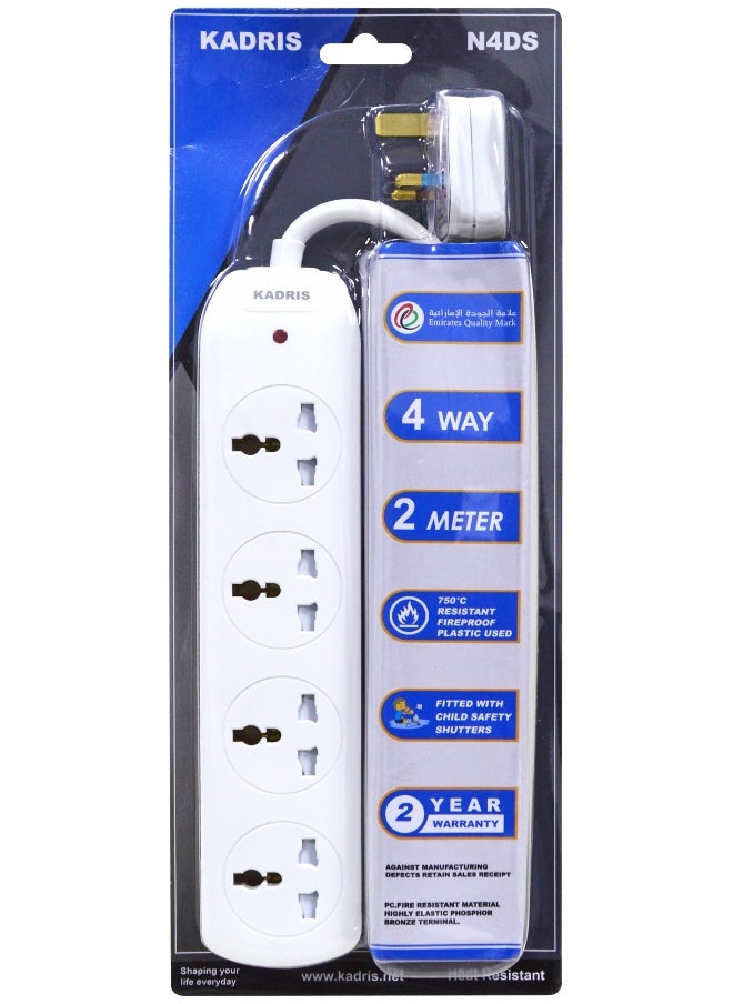 KADRIS - Power Strips N4DS Extension Cord with 4 way Outlets, Charging Socket with 2 meter Heat resistant  Extension Cord (White) ESMA approved - Image 1