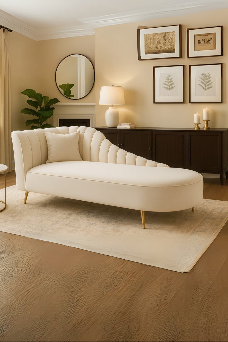 كرنك أريكة شيز لونج عصرية بيضاء من كرنك - تنجيد مخملي أنيق، أرجل ذهبية، أريكة فاخرة مميزة لغرفة المعيشة أو غرفة النوم أو أثاث المكتب
