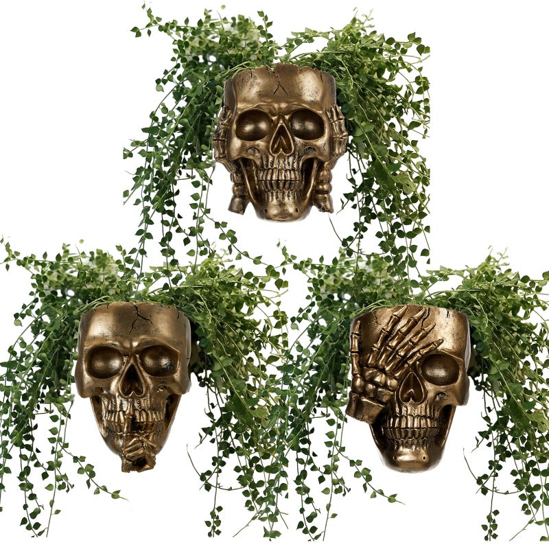 RimCereal 3 Pcs Skull Planter Skeleton Wall Hanging Planter Pot Gothic Spooky Head Face Flower Pot Garden Decor for Festival Party Indoor Outdoor Plants Home Garden Office Decorations(Gold) - Image 1