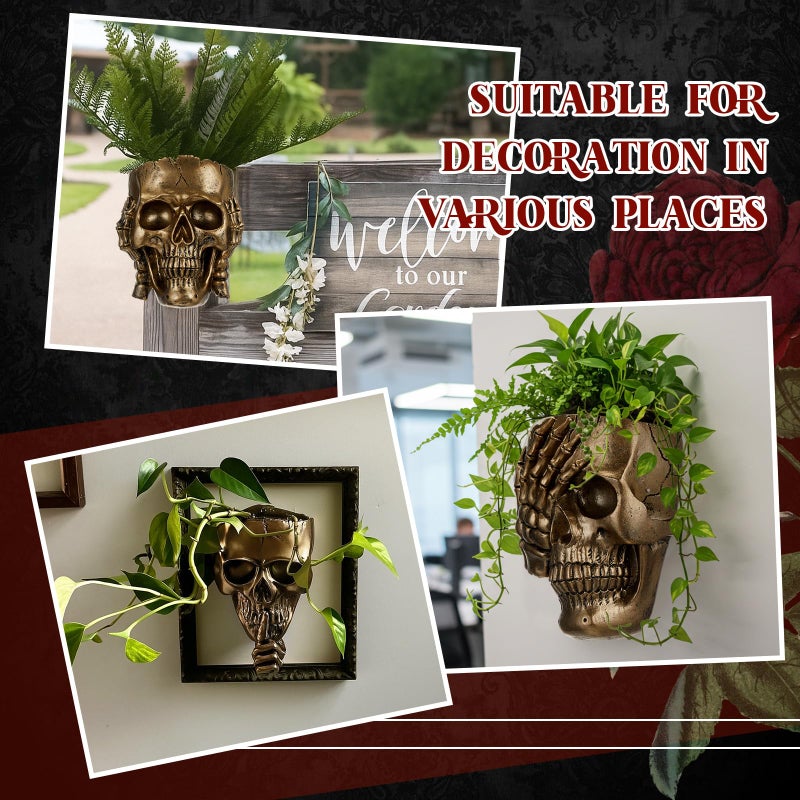 RimCereal 3 Pcs Skull Planter Skeleton Wall Hanging Planter Pot Gothic Spooky Head Face Flower Pot Garden Decor for Festival Party Indoor Outdoor Plants Home Garden Office Decorations(Gold) - Image 5
