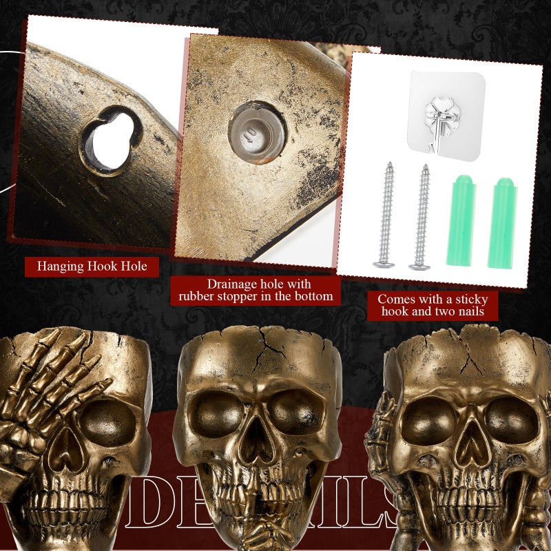 RimCereal 3 Pcs Skull Planter Skeleton Wall Hanging Planter Pot Gothic Spooky Head Face Flower Pot Garden Decor for Festival Party Indoor Outdoor Plants Home Garden Office Decorations(Gold) - Image 3