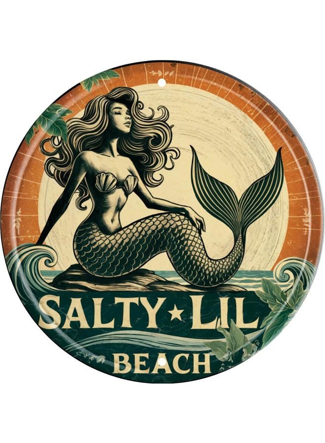 CSWLJS Mermaid Wall Art Decor Metal Sign Beach Vintage Round Plaque Nautical Themed Bar Cafe Home Decor Enthusiasts Gift for Friends and Family 8x8 In - Image 1