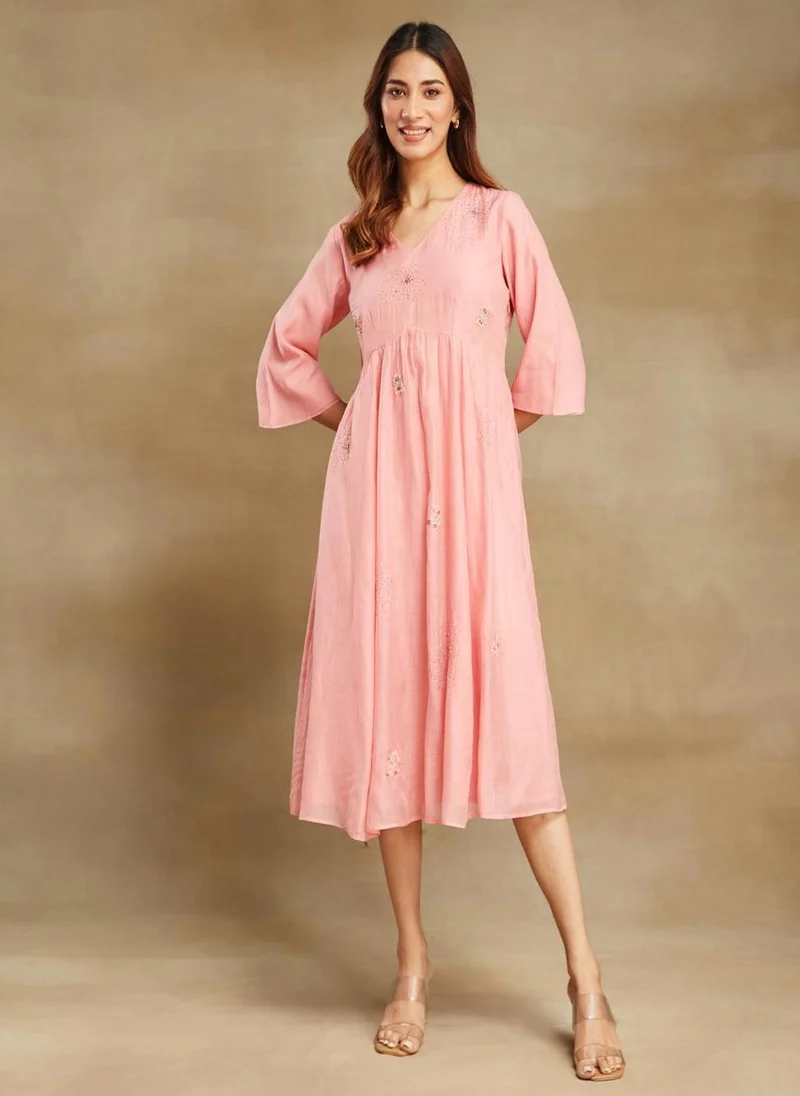 Fabindia Pink Cotton Silk Cutwork Midi Dress