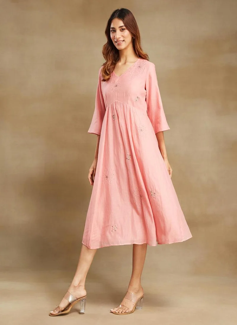 Fabindia Pink Cotton Silk Cutwork Midi Dress