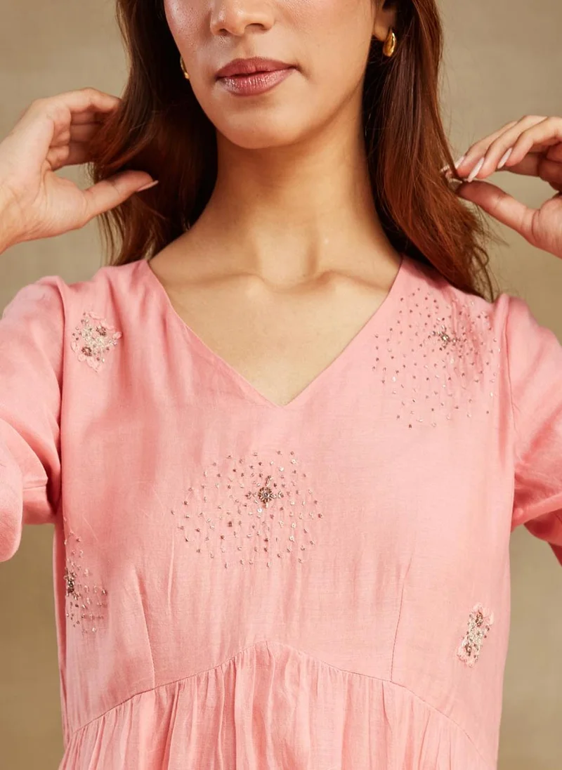 Fabindia Pink Cotton Silk Cutwork Midi Dress