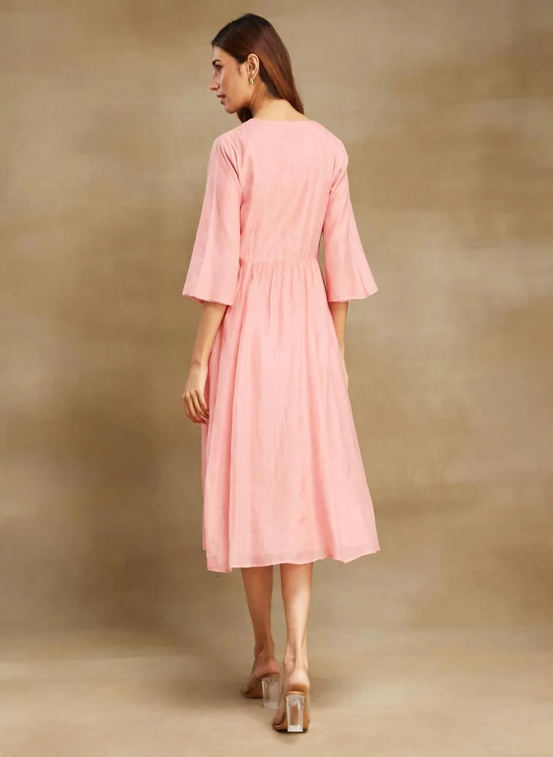 Fabindia Pink Cotton Silk Cutwork Midi Dress
