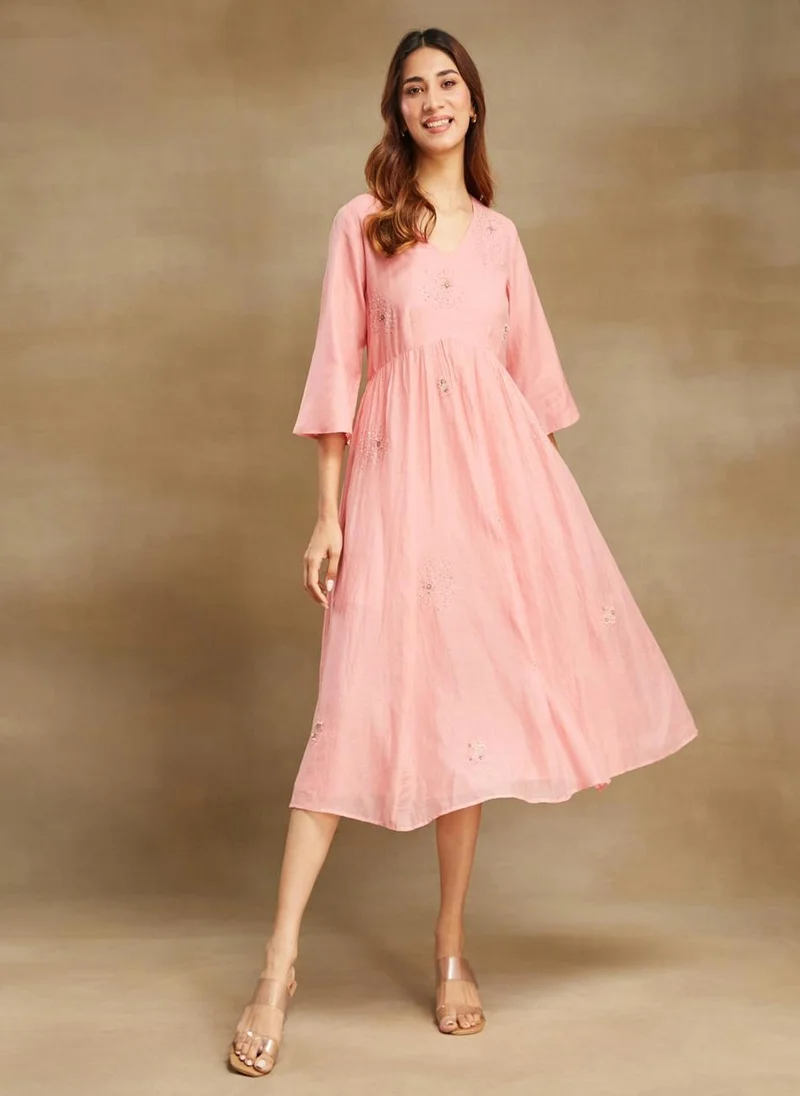Fabindia Pink Cotton Silk Cutwork Midi Dress
