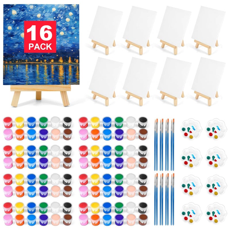 pomaylor 16 Pack 8 * 10In Canvas Boards for Painting, Art Canvas for Drawing with 32 Brushes & 16 Paint Trays & 32 Acrylic Paint, Mini Painting Canvas with Easel Set, Painting Kits for Adults Party - Image 1