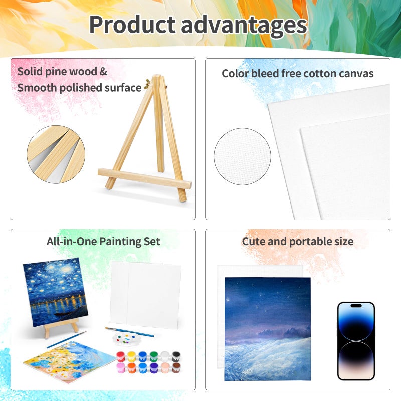 pomaylor 16 Pack 8 * 10In Canvas Boards for Painting, Art Canvas for Drawing with 32 Brushes & 16 Paint Trays & 32 Acrylic Paint, Mini Painting Canvas with Easel Set, Painting Kits for Adults Party - Image 3