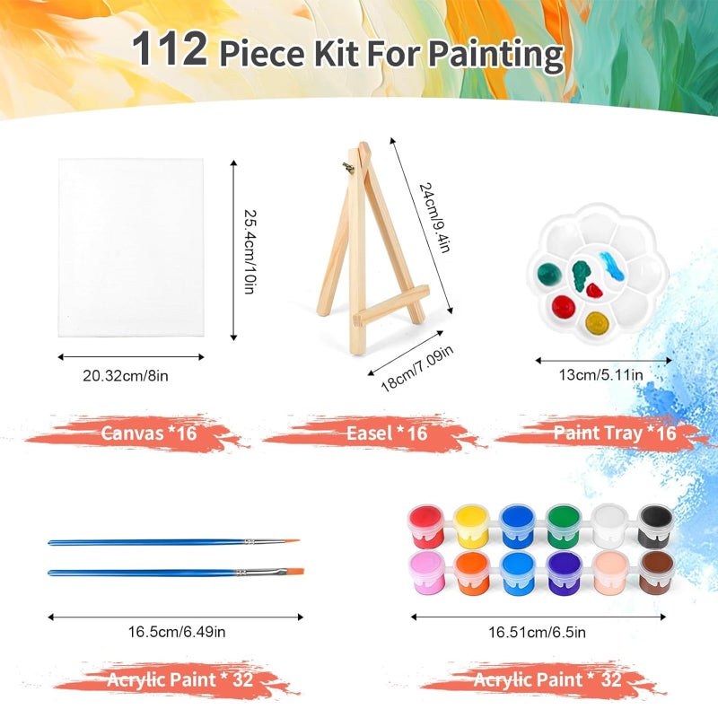 pomaylor 16 Pack 8 * 10In Canvas Boards for Painting, Art Canvas for Drawing with 32 Brushes & 16 Paint Trays & 32 Acrylic Paint, Mini Painting Canvas with Easel Set, Painting Kits for Adults Party - Image 2