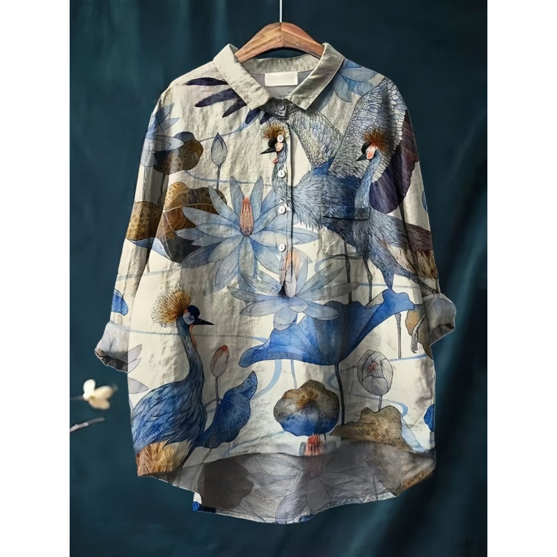 Retro Pastoral Style Cotton And Linen Printed Lapel Long-Sleeved Shirt Women'S Large Size Fashion Pullover T-Shirt - Image 1