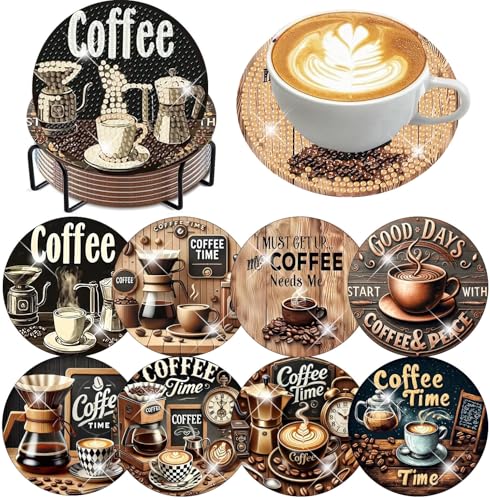 mrpwnle 8 Pcs Coffee Diamond Art Coasters Kits, Coffee Diamond Painting Coasters Kit Set with Holder Cork Pads, DIY Diamonds Art Non Slip Coaster Crafts Kits for Adults Beginners Gifts - Image 1