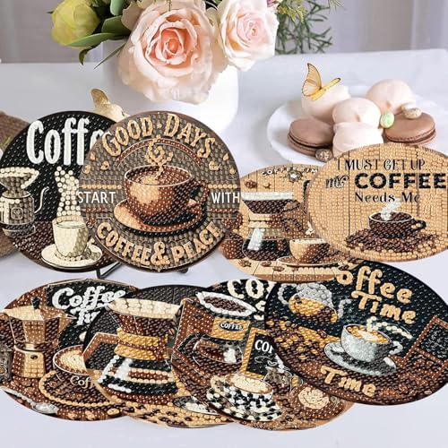 mrpwnle 8 Pcs Coffee Diamond Art Coasters Kits, Coffee Diamond Painting Coasters Kit Set with Holder Cork Pads, DIY Diamonds Art Non Slip Coaster Crafts Kits for Adults Beginners Gifts - Image 2