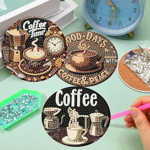 mrpwnle 8 Pcs Coffee Diamond Art Coasters Kits, Coffee Diamond Painting Coasters Kit Set with Holder Cork Pads, DIY Diamonds Art Non Slip Coaster Crafts Kits for Adults Beginners Gifts - Image 4
