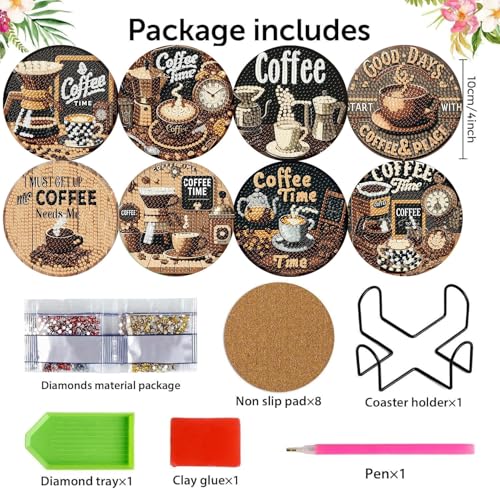 mrpwnle 8 Pcs Coffee Diamond Art Coasters Kits, Coffee Diamond Painting Coasters Kit Set with Holder Cork Pads, DIY Diamonds Art Non Slip Coaster Crafts Kits for Adults Beginners Gifts - Image 5