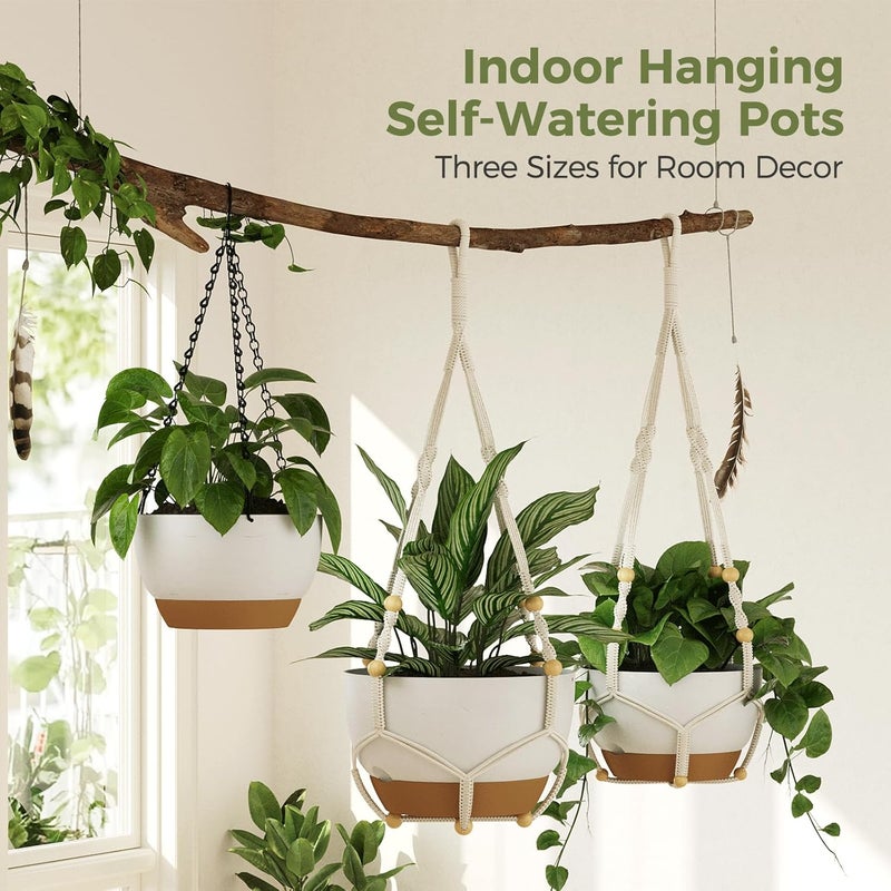 Bamworld 3-Pack Macrame Plant Hangers Indoor with Chain — Self-Watering Hanging Planters w/Drainage Holes & Removable Saucer, (11/9/8 in) — Ideal Plant Hanger for Hanging Plant displays(White) - Image 5