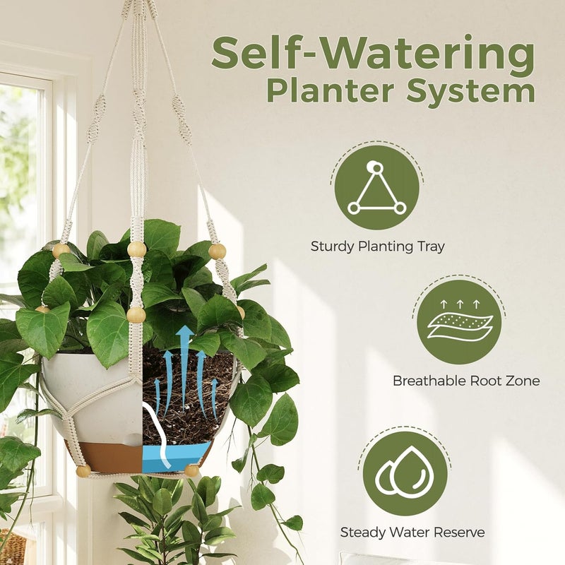 Bamworld 3-Pack Macrame Plant Hangers Indoor with Chain — Self-Watering Hanging Planters w/Drainage Holes & Removable Saucer, (11/9/8 in) — Ideal Plant Hanger for Hanging Plant displays(White) - Image 4