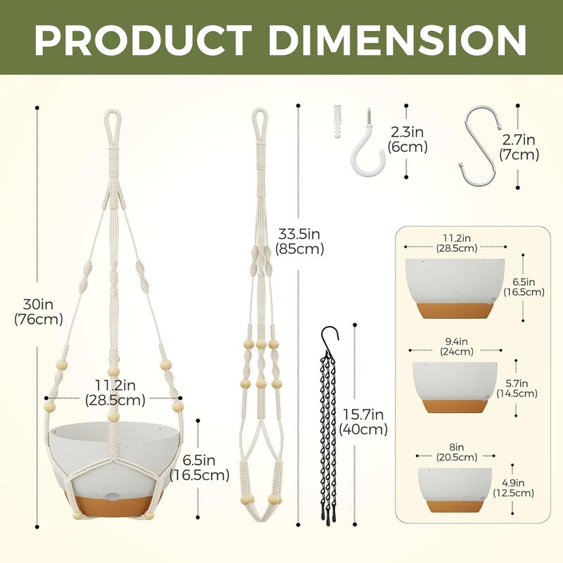 Bamworld 3-Pack Macrame Plant Hangers Indoor with Chain — Self-Watering Hanging Planters w/Drainage Holes & Removable Saucer, (11/9/8 in) — Ideal Plant Hanger for Hanging Plant displays(White) - Image 2