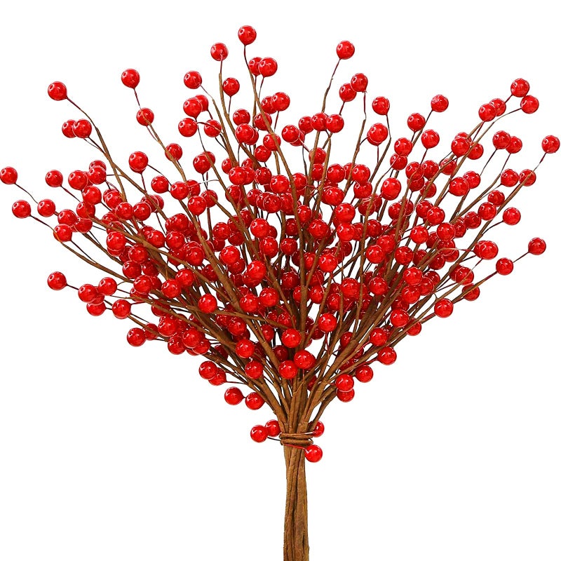 Trimgrace 12 Pack Artificial Red Berry Stems 14 Fake Holly Berry Picks for New Year Holiday Christmas Tree Vase DIY Wreath Crafts Home Decor