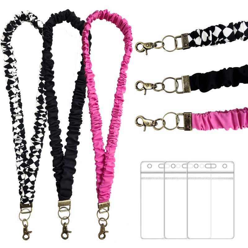 LOTADILO 3 Pack Scrunchie Lanyards for ID Card and Keys Scrunchy Cute Neck Keychain with Vertical Badge Holders and Clip Closure Retractable Stretchy Lanyards for Teacher, Nurse Cruise Ship, 3 Styles - Image 1