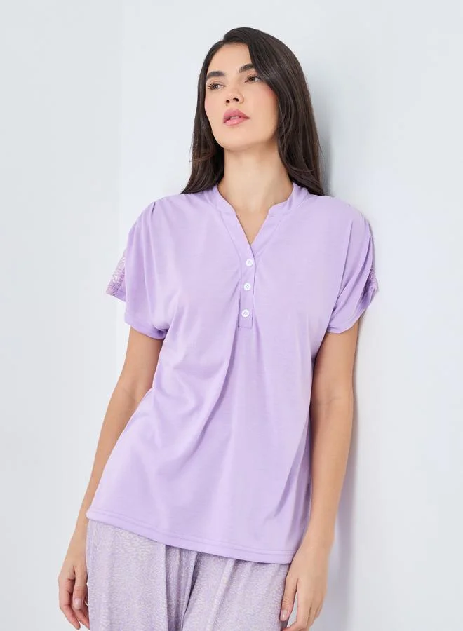 Styli Notch Neck Placket Lace Back T-Shirt and Leopard Pyjama Set