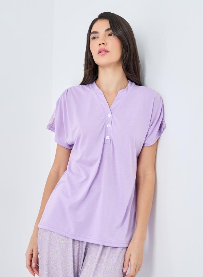 Styli Notch Neck Placket Lace Back T-Shirt and Leopard Pyjama Set - Image 3