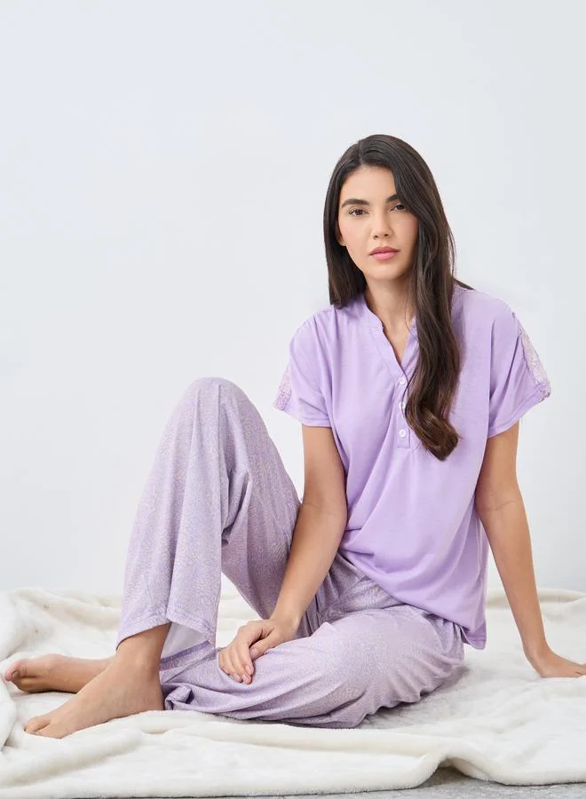 Styli Styli Notch Neck Placket Lace Back T-Shirt and Leopard Pyjama Set