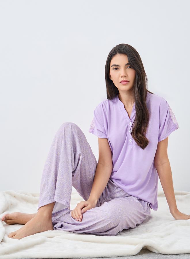 Styli Notch Neck Placket Lace Back T-Shirt and Leopard Pyjama Set - Image 1