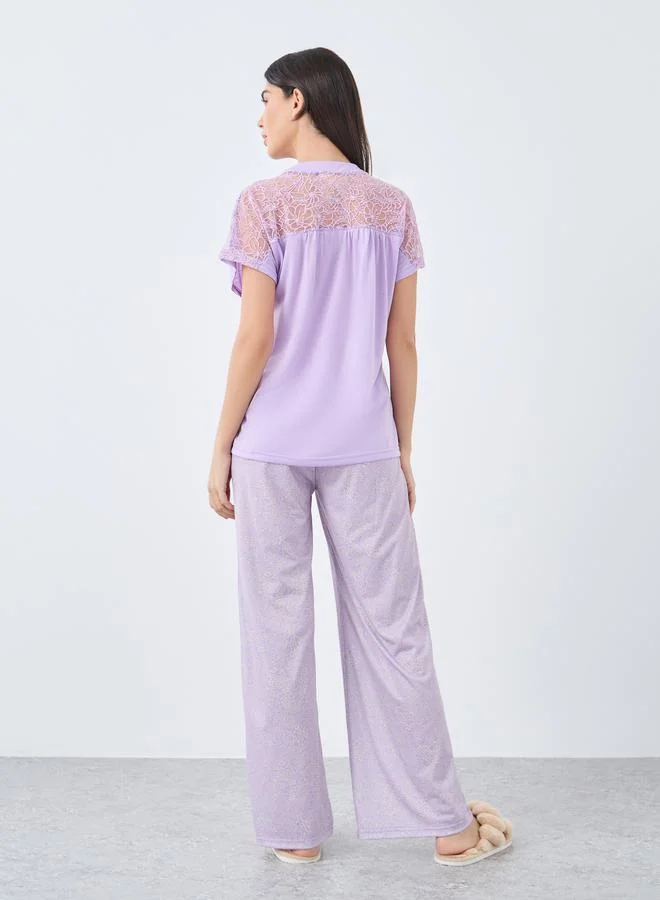 Styli Notch Neck Placket Lace Back T-Shirt and Leopard Pyjama Set