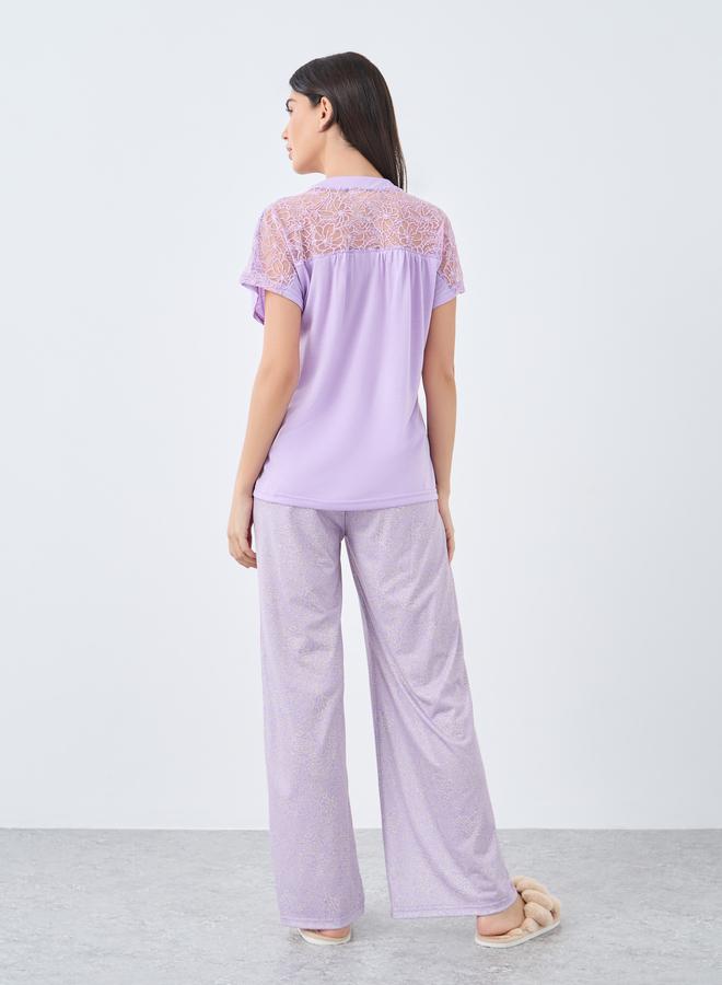 Styli Notch Neck Placket Lace Back T-Shirt and Leopard Pyjama Set - Image 5
