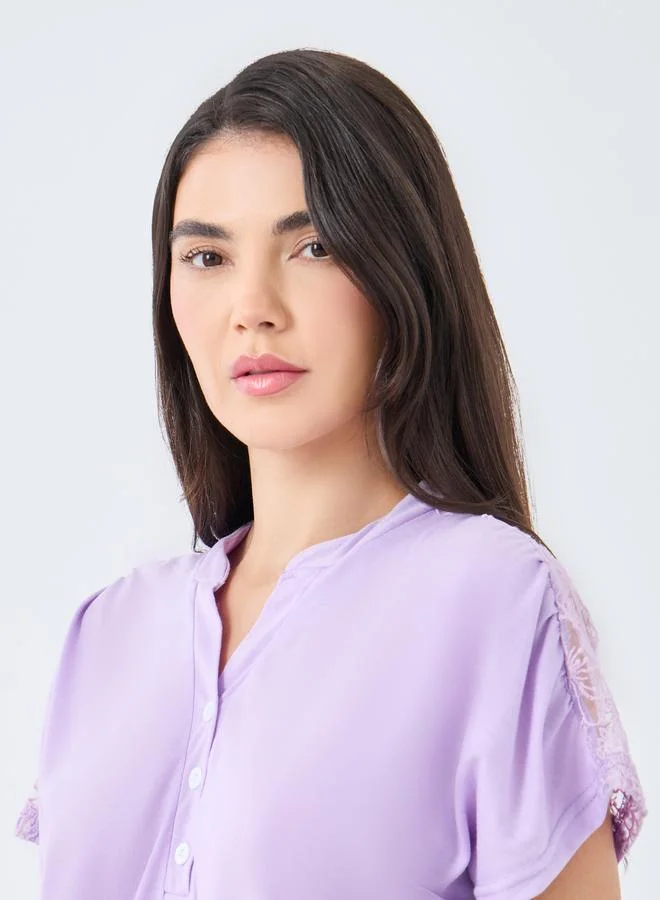 Styli Notch Neck Placket Lace Back T-Shirt and Leopard Pyjama Set