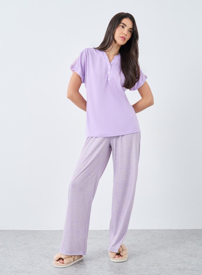 Styli Notch Neck Placket Lace Back T-Shirt and Leopard Pyjama Set - Image 2