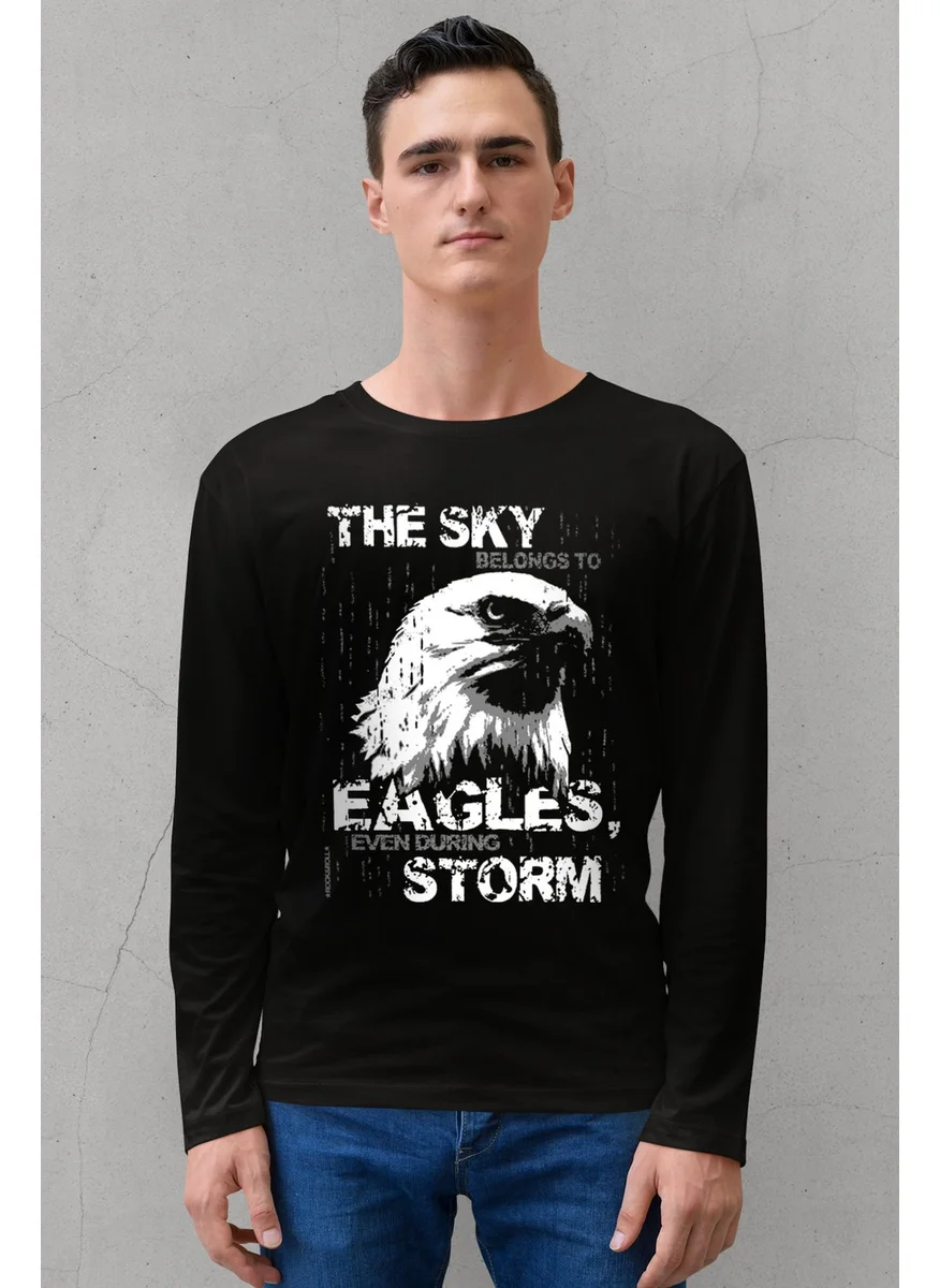 Rock&Roll Eagle of the Sky Crew Neck Black Long Sleeve Combed Cotton Men's T-Shirt