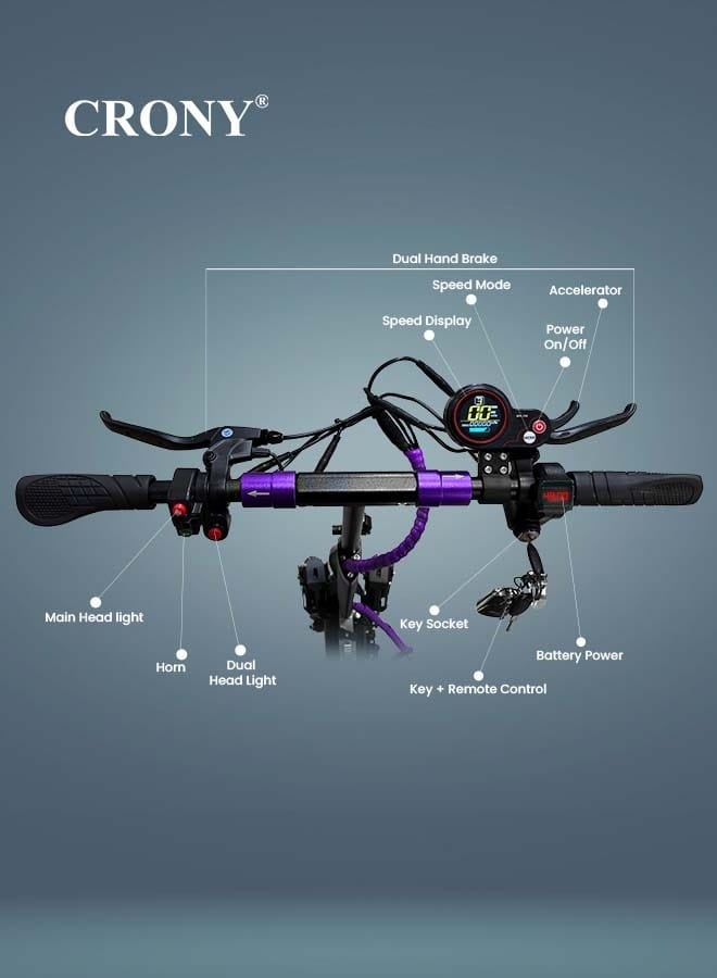 كروني سكوتر كهربائي CRONY V10 Pro سريع الأداء للكبار والأطفال، سكوتر لجميع التضاريس والطرق الوعرة بمحرك بقوة 1200 واط وهيكل من الألمنيوم، بسرعة تتراوح بين 20-40 كم/ساعة، حمولة قصوى 120 كجم، تصميم مناسب للصحراء – اللون: بنفسجي. - Image 2
