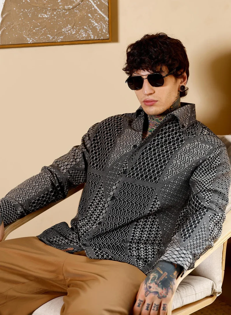 Campus Sutra Campus Sutra Men Geometric-Blocks Jacquard Shirt | Button-Down One-Piece Collar Long Cuffed Sleeves | Button Closure Curved Hem | Geometric Jacquard | Woven Fabric For Casual & Party Wear | Black