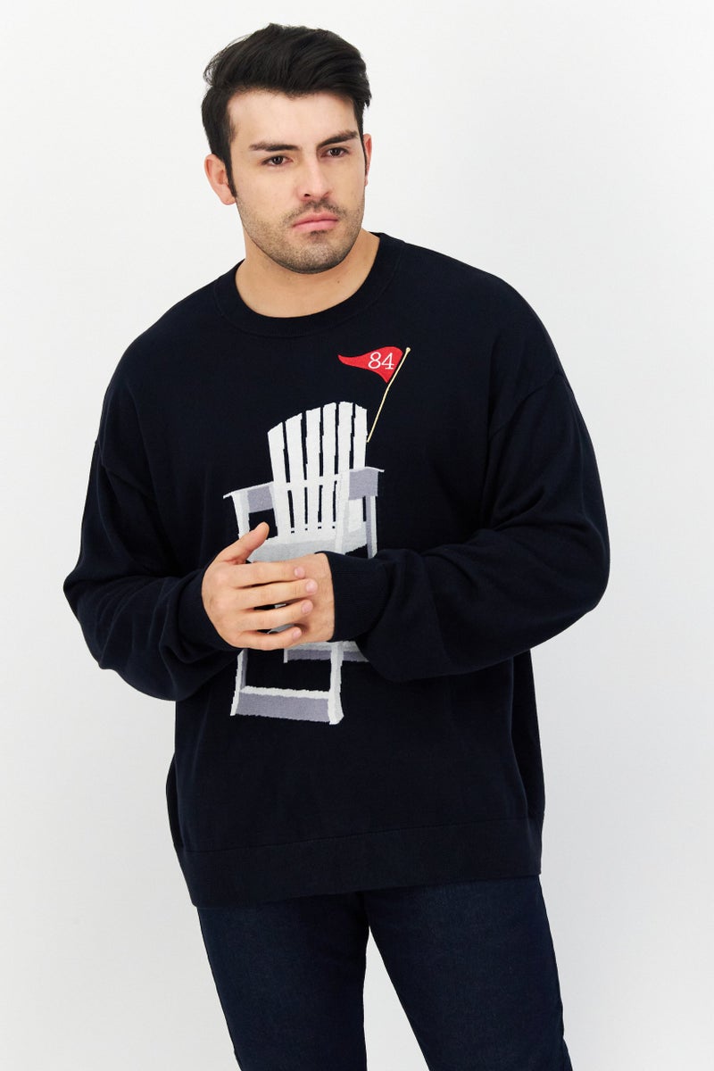 PERRY ELLIS سويت شيرت مزخرف بياقة دائرية للرجال، أزرق داكن - Image 1
